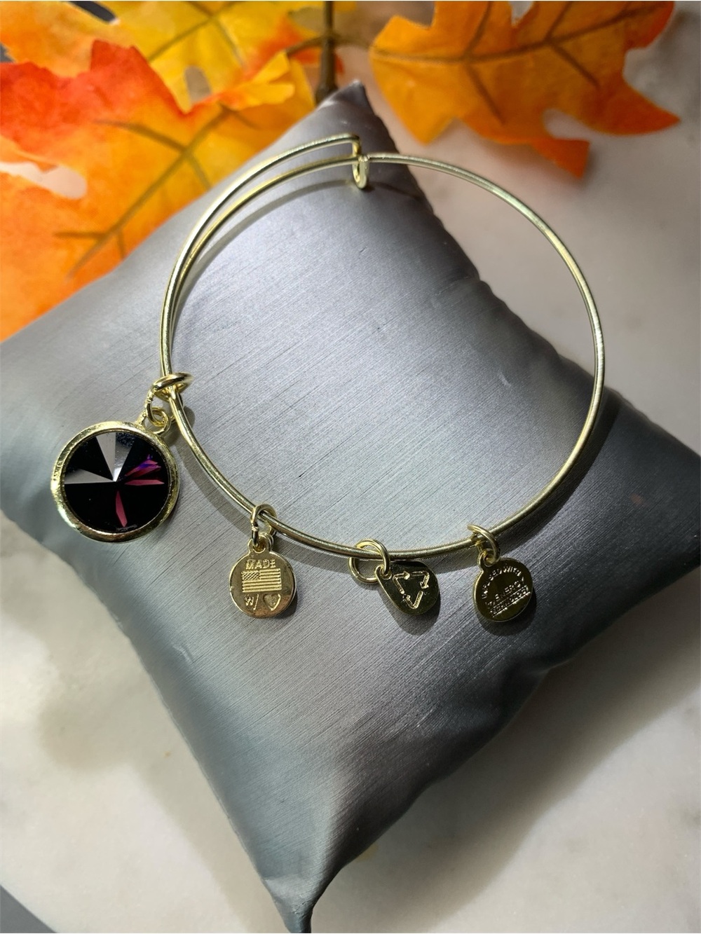 Alex and Ani Gold-Tone Bangle with Black Faceted Charm